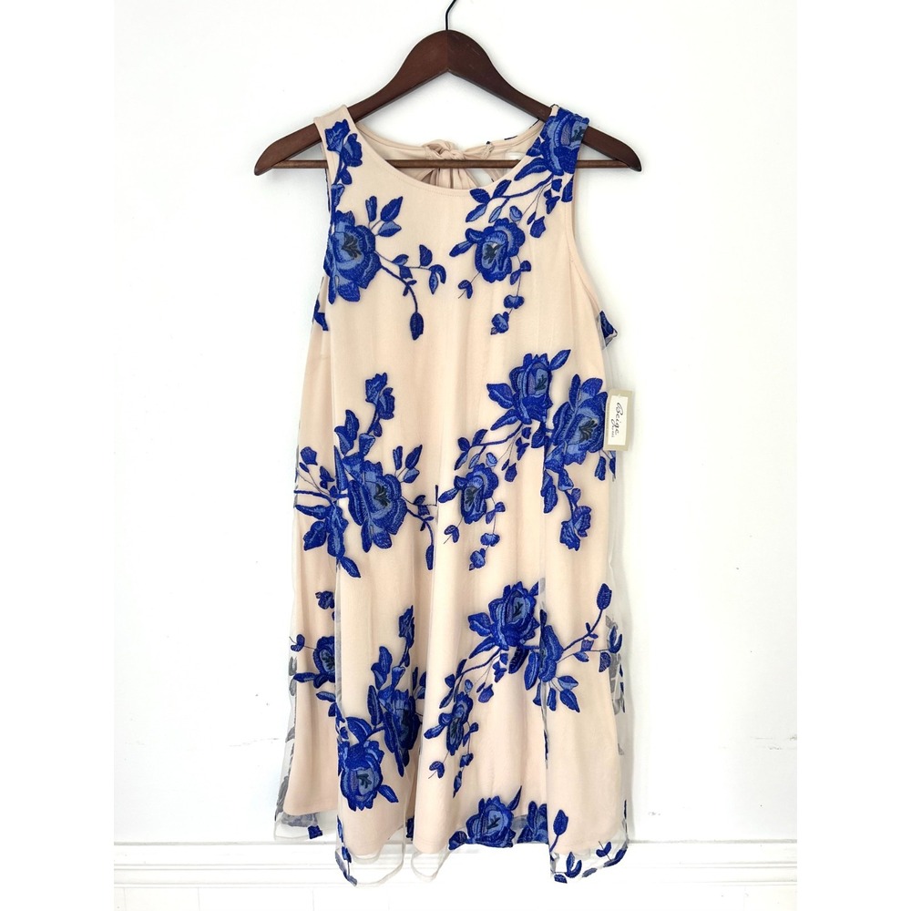 Beige by eci Blue Floral Embroidered Sheer Overlay A-Line Dress Women's Medium